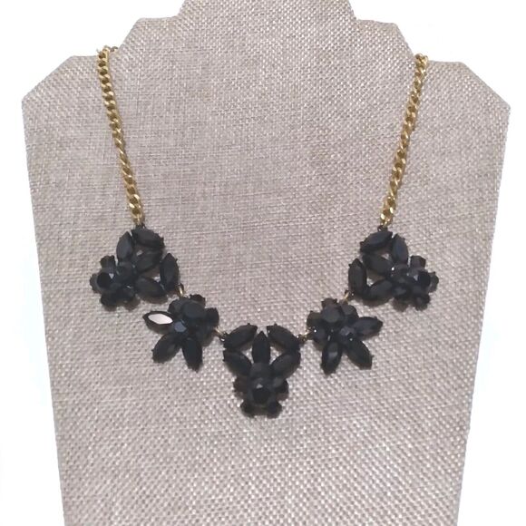 J Crew Necklace Black Rhinestones Flower Clusters Statement Goldtone Chain - Picture 1 of 7